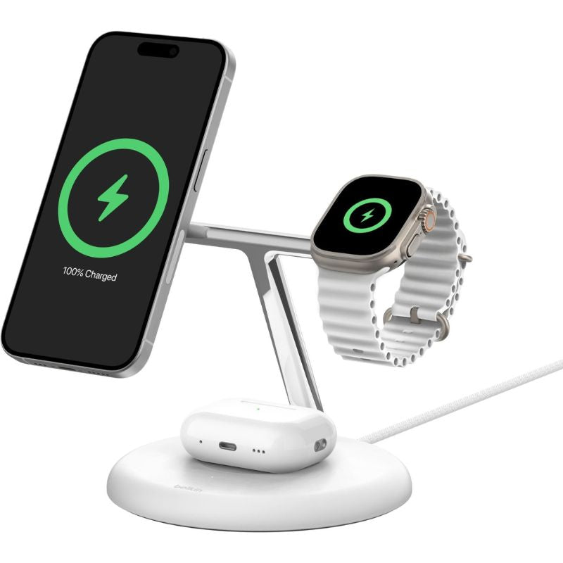 Belkin BoostCharge Pro 3-in-1 Magnetic Wireless Charging Stand with Qi2 15W (White)