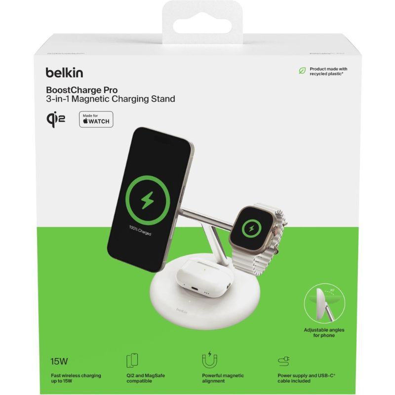 Belkin BoostCharge Pro 3-in-1 Magnetic Wireless Charging Stand with Qi2 15W (White)